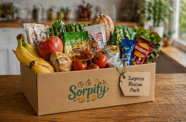 Caja de Sorpify llena de fruta, verdura, pan y productos rescatados